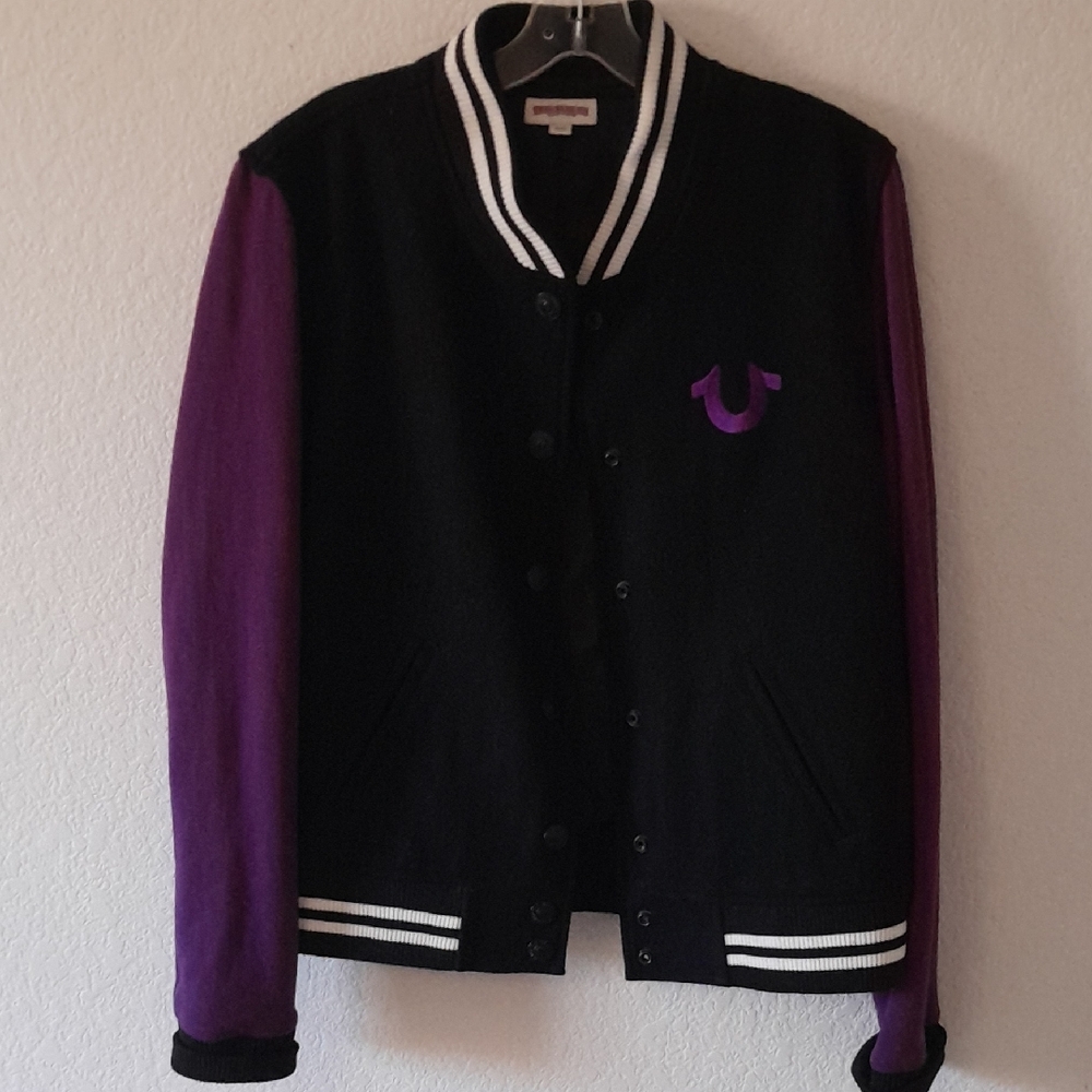 Unisex True Religion Black and Purple Varsity Jacket Lightly Worn Once